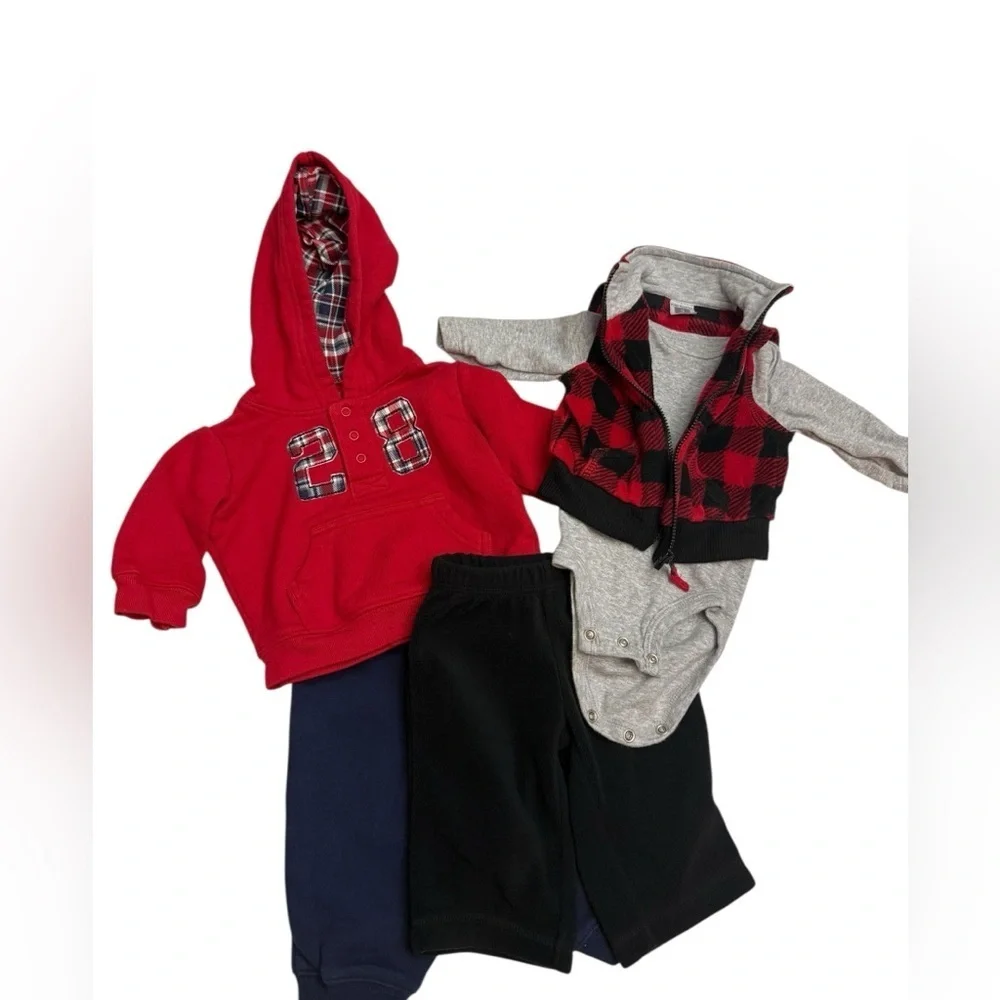 Carter's Red and Black Plaid Vest with Gray Shirt W/ Hoodie & Pant Set